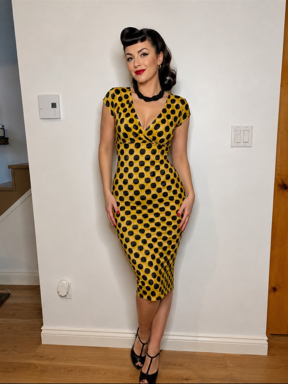Elegant Yellow and Black Polka Dot Midi Dress❤️S